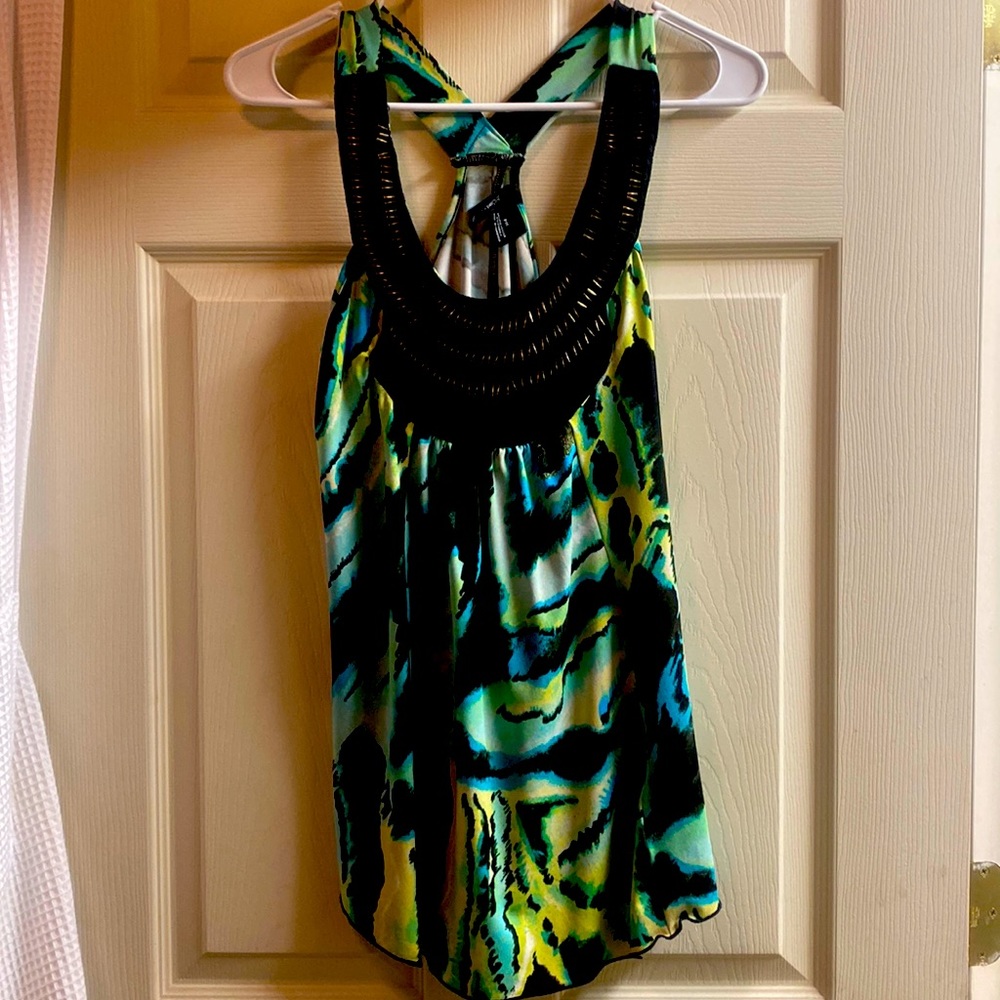 New Directions Petite Black Blue Yellow Green Wild Print Dressy Tank Top Size M - Picture 1 of 5